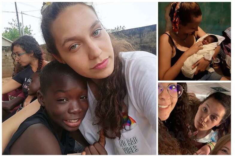 Iris Medina en el avión con dos grancanarias más y fotos de su estancia en Gambia (Fotos cedidas por la familia)